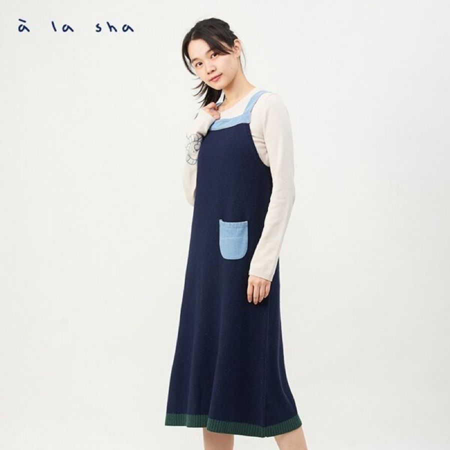🟦全新🟦 a la sha 牛仔拼 針織 洋裝 連身裙 無袖 吊帶裙-0