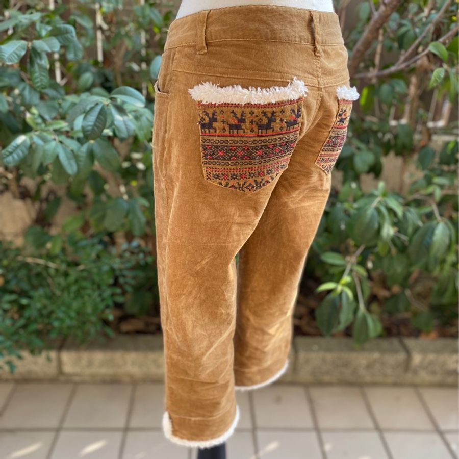 藏私·Collection_麋鹿刺繡雪花燈芯絨七分褲-2