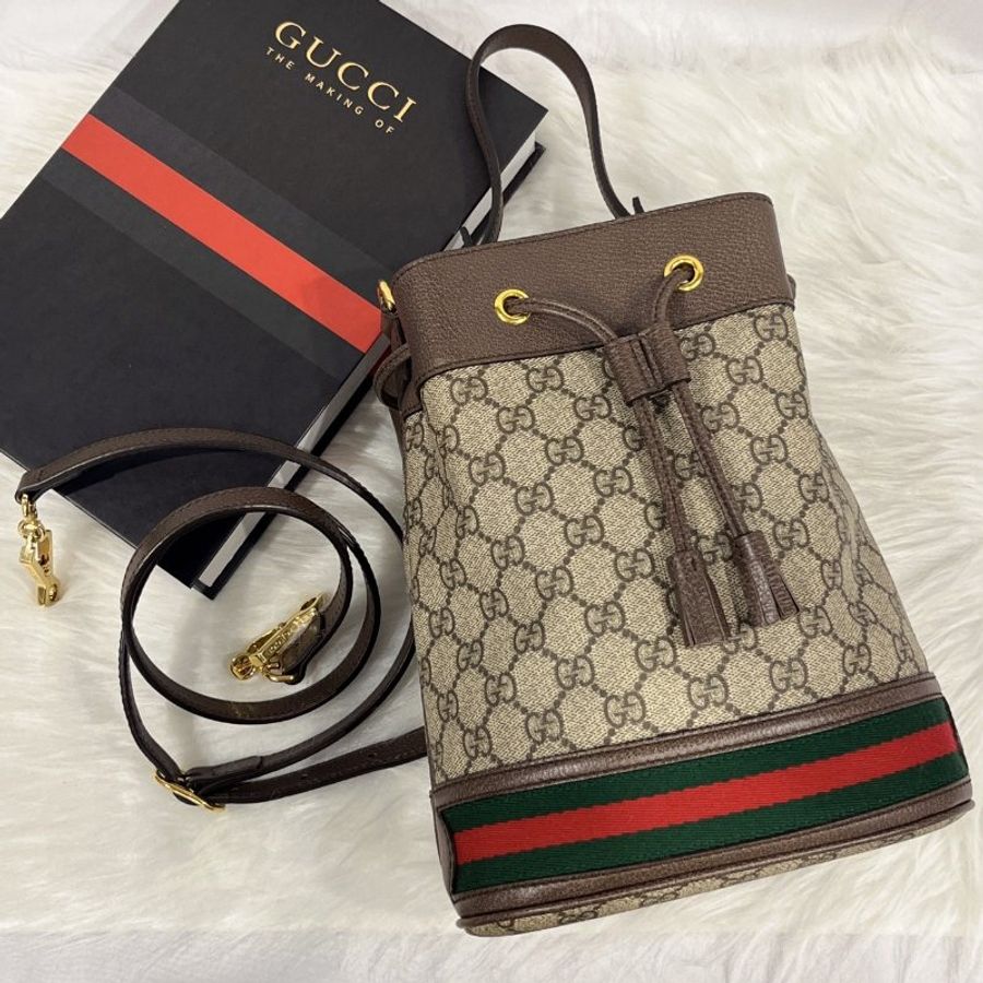 GUCCI 古馳 卡其咖 Ophidia紅綠條 小款 手提水桶包/斜背包-0