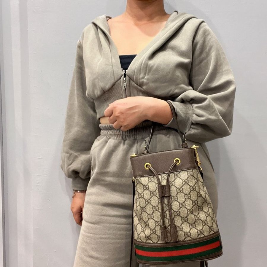 GUCCI 古馳 卡其咖 Ophidia紅綠條 小款 手提水桶包/斜背包-11