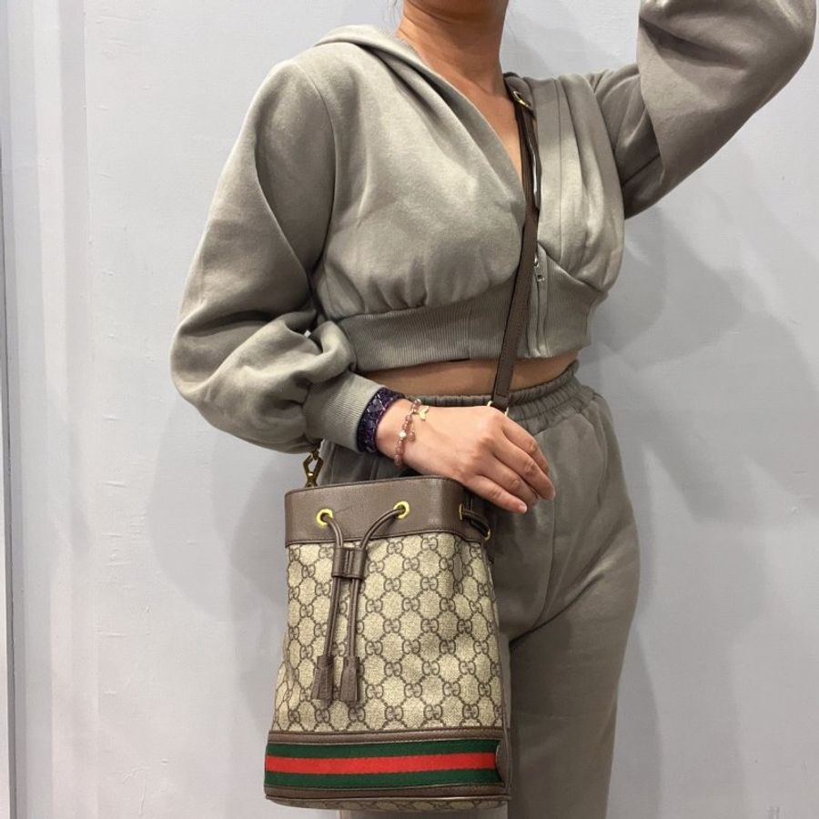 GUCCI 古馳 卡其咖 Ophidia紅綠條 小款 手提水桶包/斜背包-12
