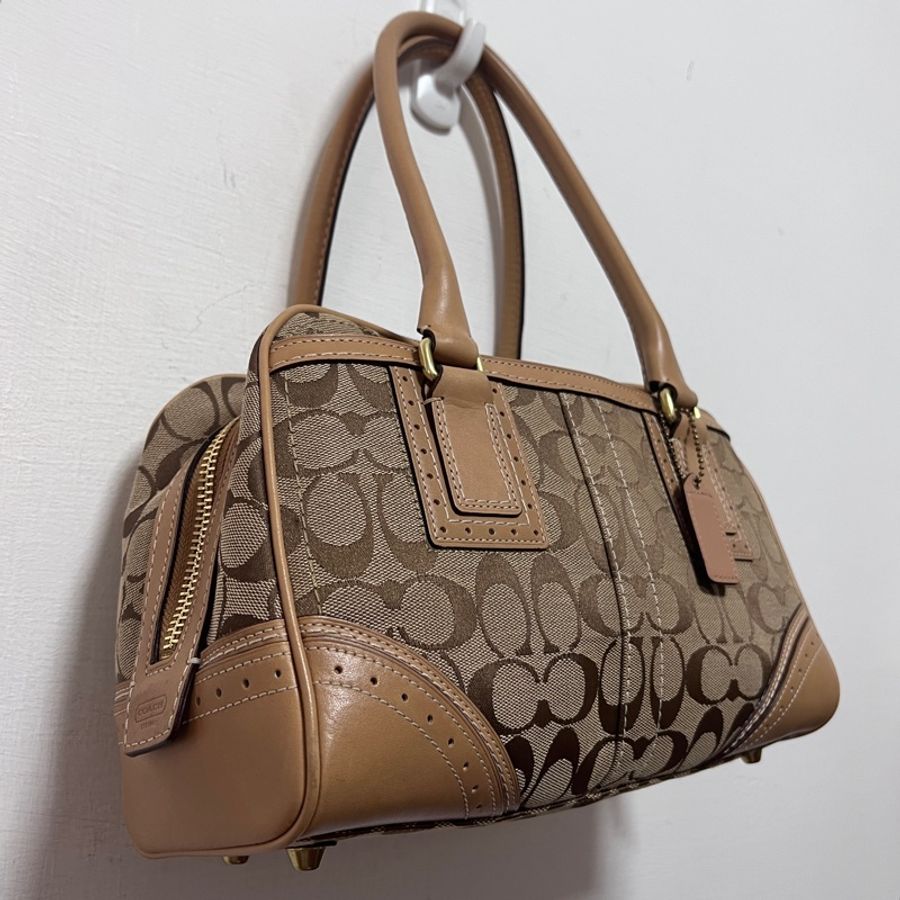 售出 COACH 10532 專櫃款 Signature Canvas Handbag 老花三夾層手提包 帆布拼接皮革手袋-2