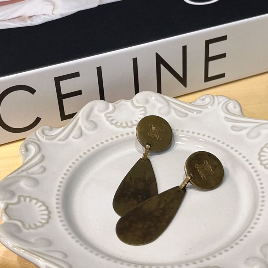 CELINE 古銅色 圓形 垂吊水滴耳環/耳夾/飾品-0