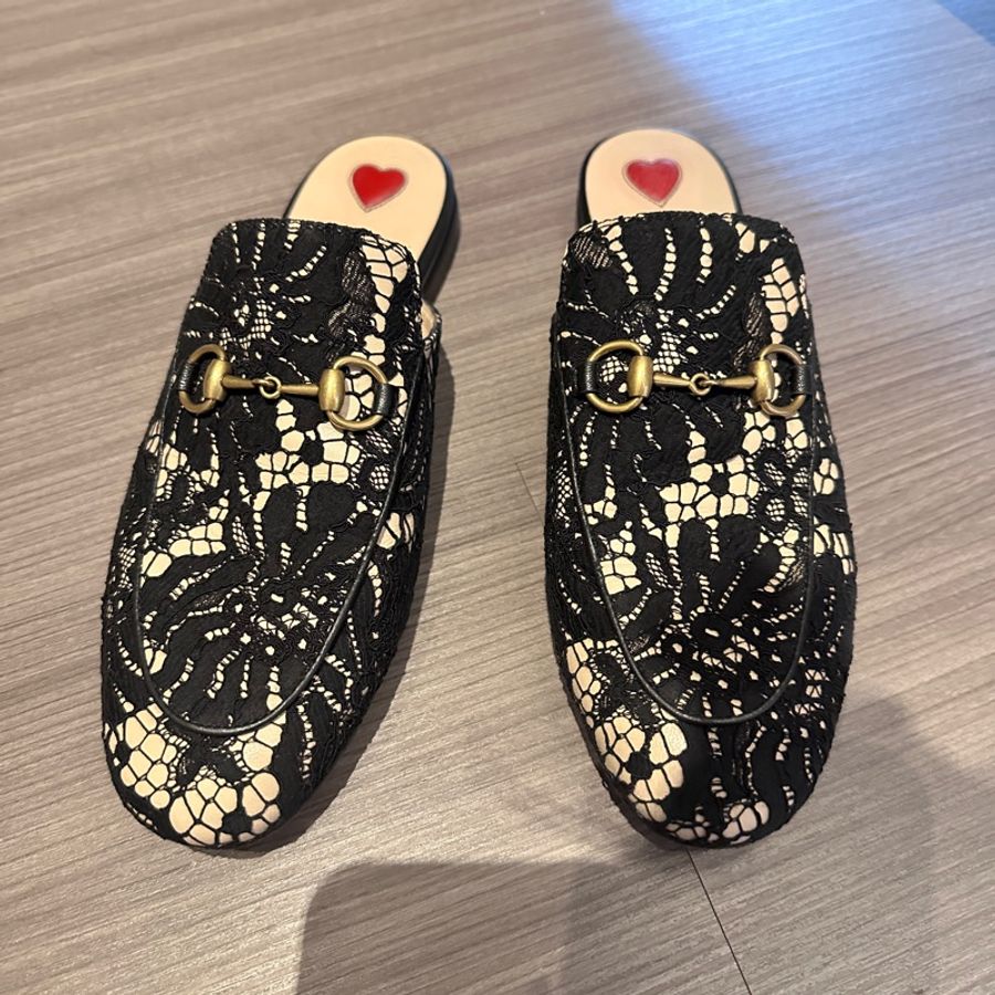 Gucci 蕾絲拼接圓頭穆勒鞋平底拖鞋-0