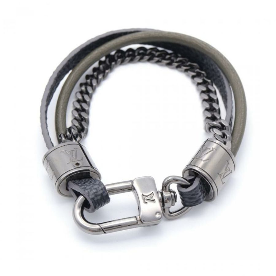 【日本直送】中古LOUIS VUITTON[B]LV Treble 手鍊手環 PVC 真皮 黑色 灰綠色 銀色 槍灰色-1