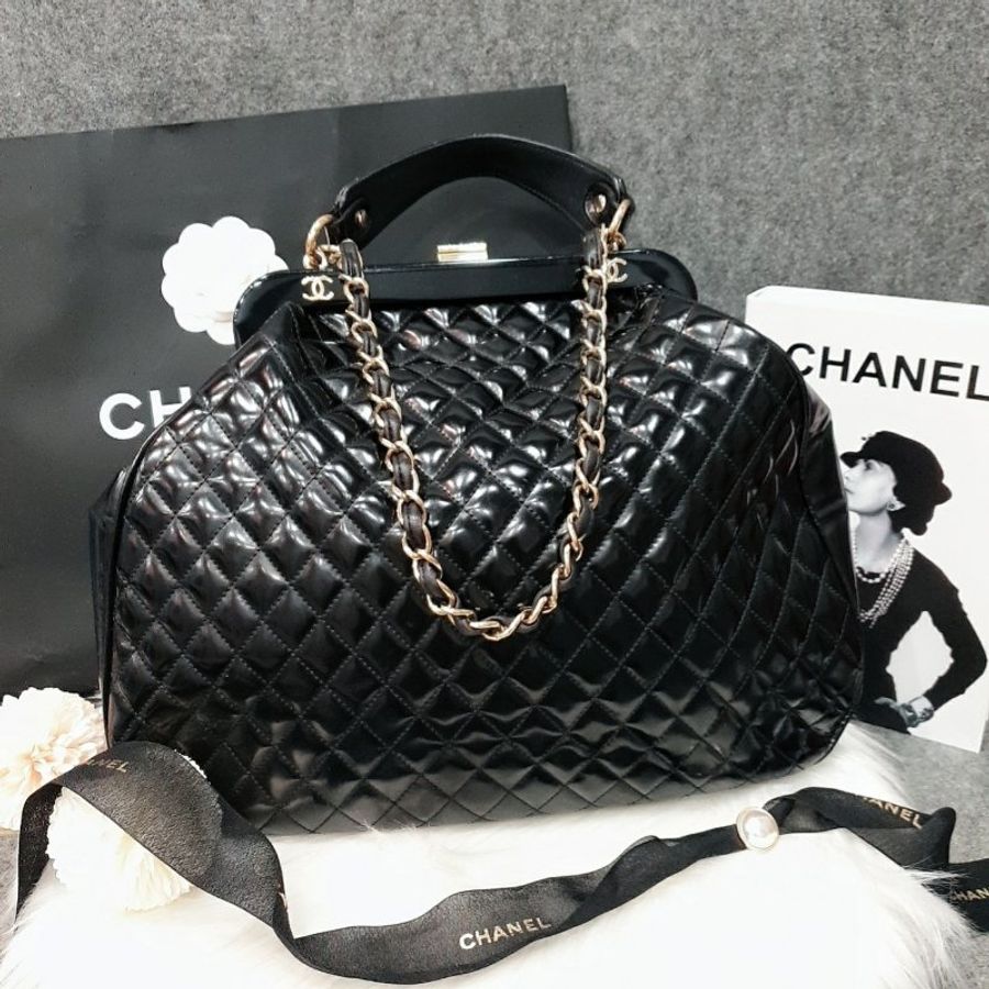 CHANEL 香奈兒 黑色全皮菱格金鍊手提祖母包/手提包/肩背包-0