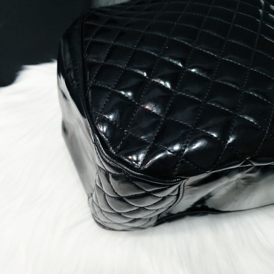 CHANEL 香奈兒 黑色全皮菱格金鍊手提祖母包/手提包/肩背包-4
