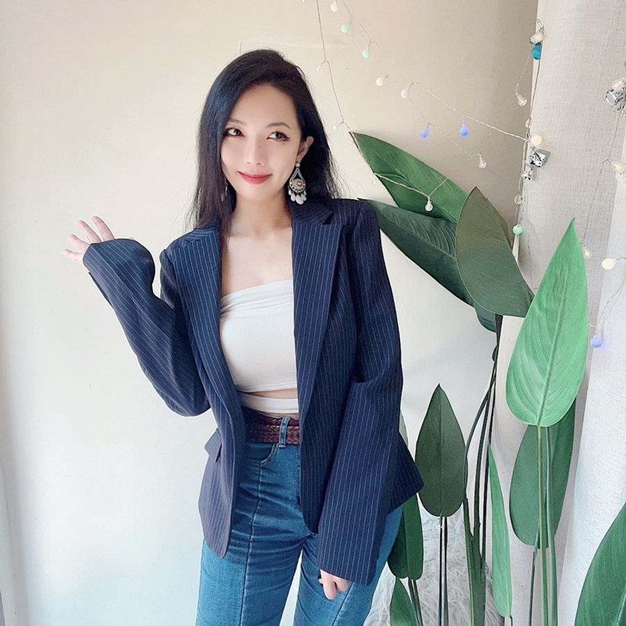 深海藍直線細紋手袖三釦 經典西裝外套古著 vintage coat blazer-5