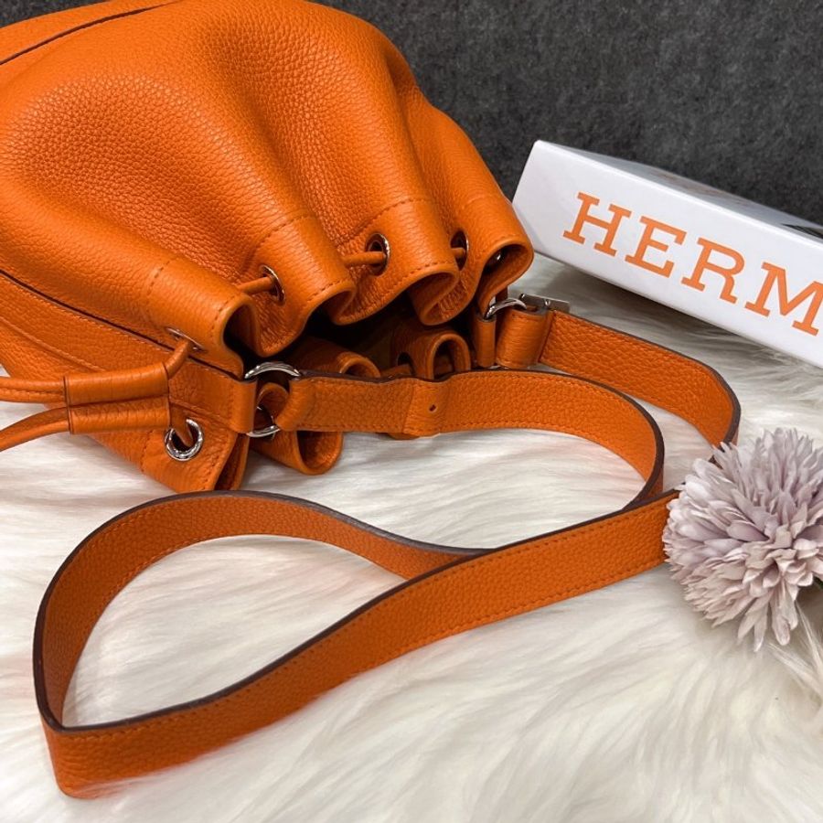 Hermes 愛馬仕 橘色全皮 VINTAGE款 小水桶包/束口包/肩背包/手提包-7