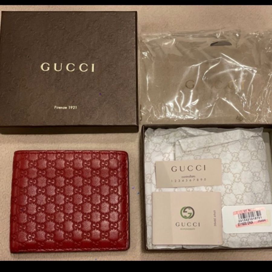 Gucci Bifold Wallet Micro Guccissima red 經典雙G壓花紋對折短皮夾 紅 近新-0