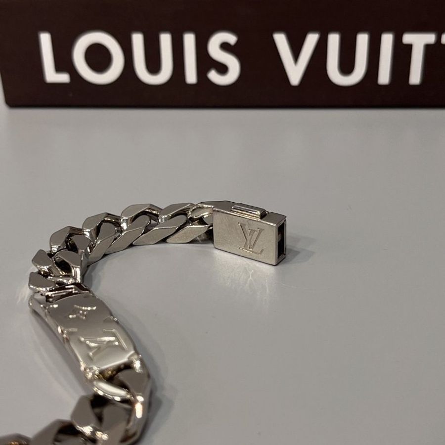 Louis Vuitton LV 銀色 花紋 LOGO 古巴鍊粗手鍊/手環/飾品-3