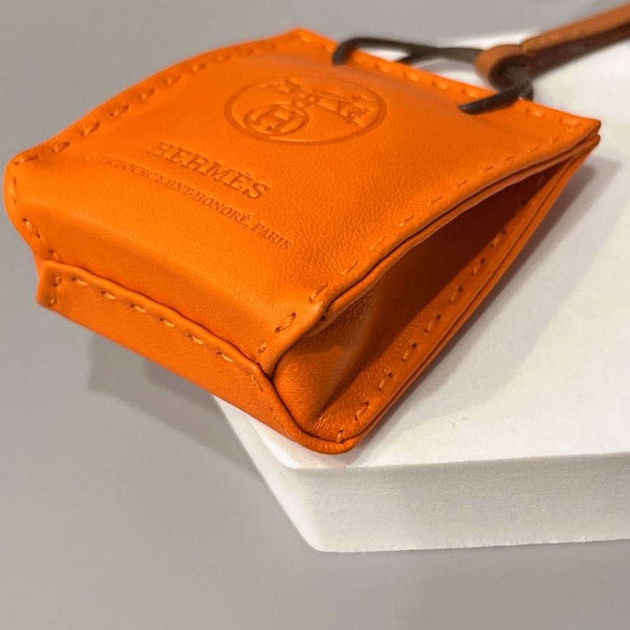 HERMES 愛馬仕 橘色VIP限量紙袋小羊皮掛飾/吊飾-5
