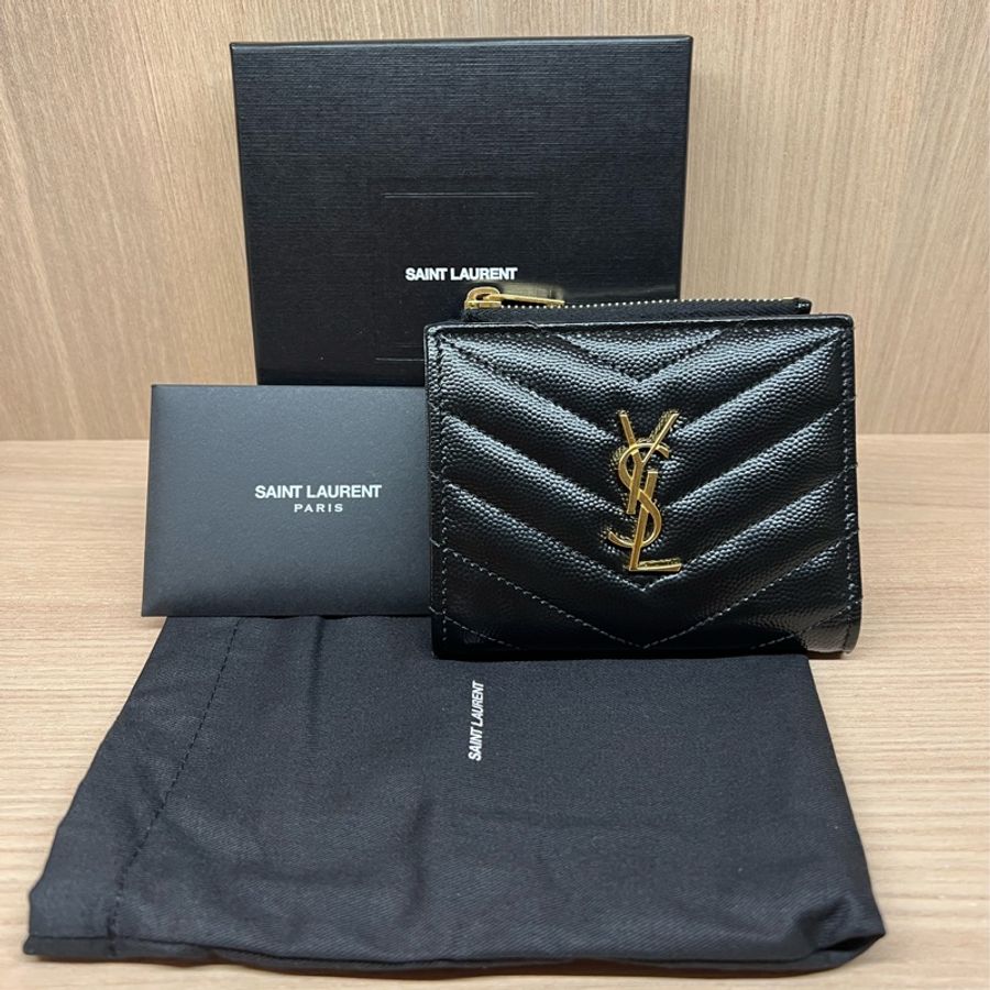 YSL 黑金魚子醬對開卡夾一字零錢包-0