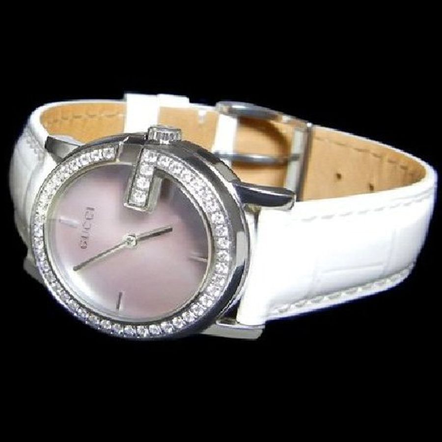 金鐸精品~2005 GUCCI 古馳 101L G字鑽圈珍珠母貝面盤石英女用鑽錶-3