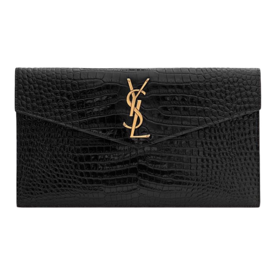 降價!SAINT LAURENT UPTOWN鱷魚皮壓紋亮面皮革小袋/信封手拿包包-0