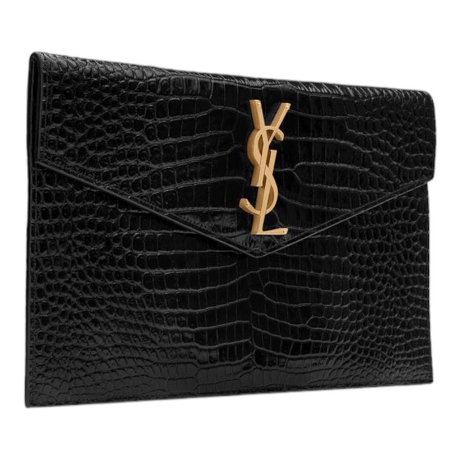 降價!SAINT LAURENT UPTOWN鱷魚皮壓紋亮面皮革小袋/信封手拿包包-1