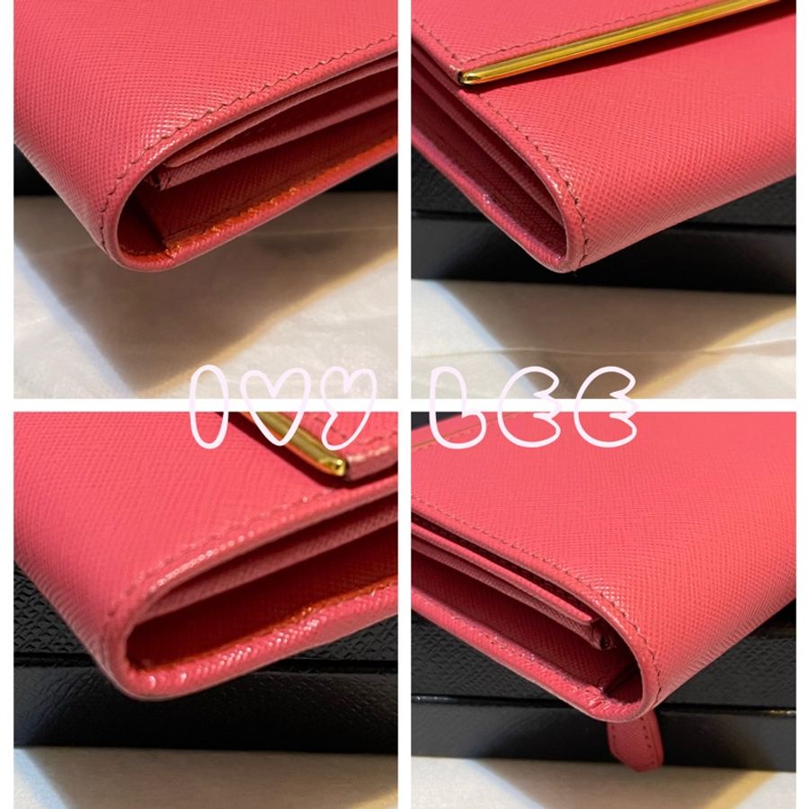 PRADA 仙氣桃紅色長夾 皮件 手拿包 金扣子掀蓋 皮包 錢包 1M1311 二手精品-4