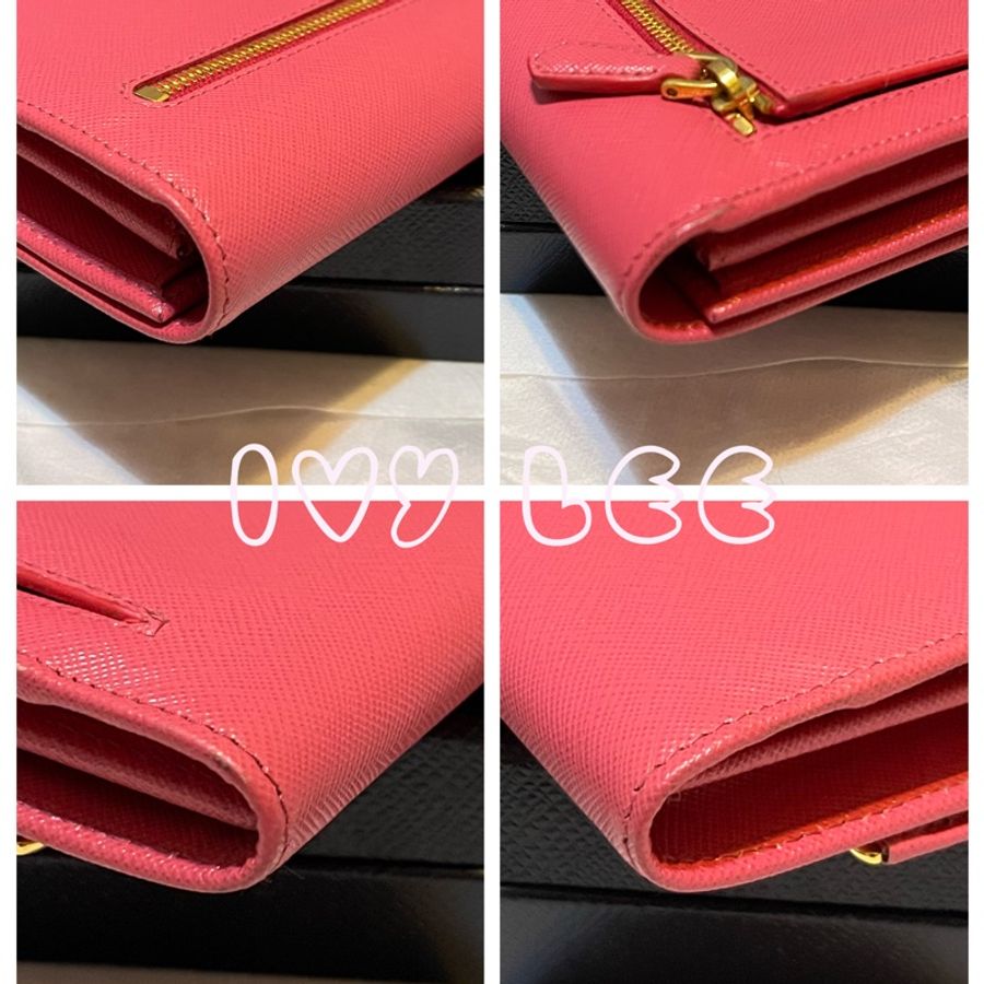 PRADA 仙氣桃紅色長夾 皮件 手拿包 金扣子掀蓋 皮包 錢包 1M1311 二手精品-5