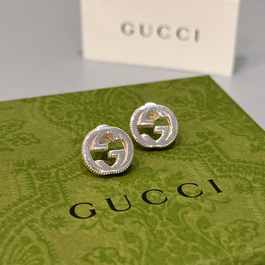 GUCCI 925純銀 經典LOGO滾珠邊 雙G造型耳針/耳環/飾品-0