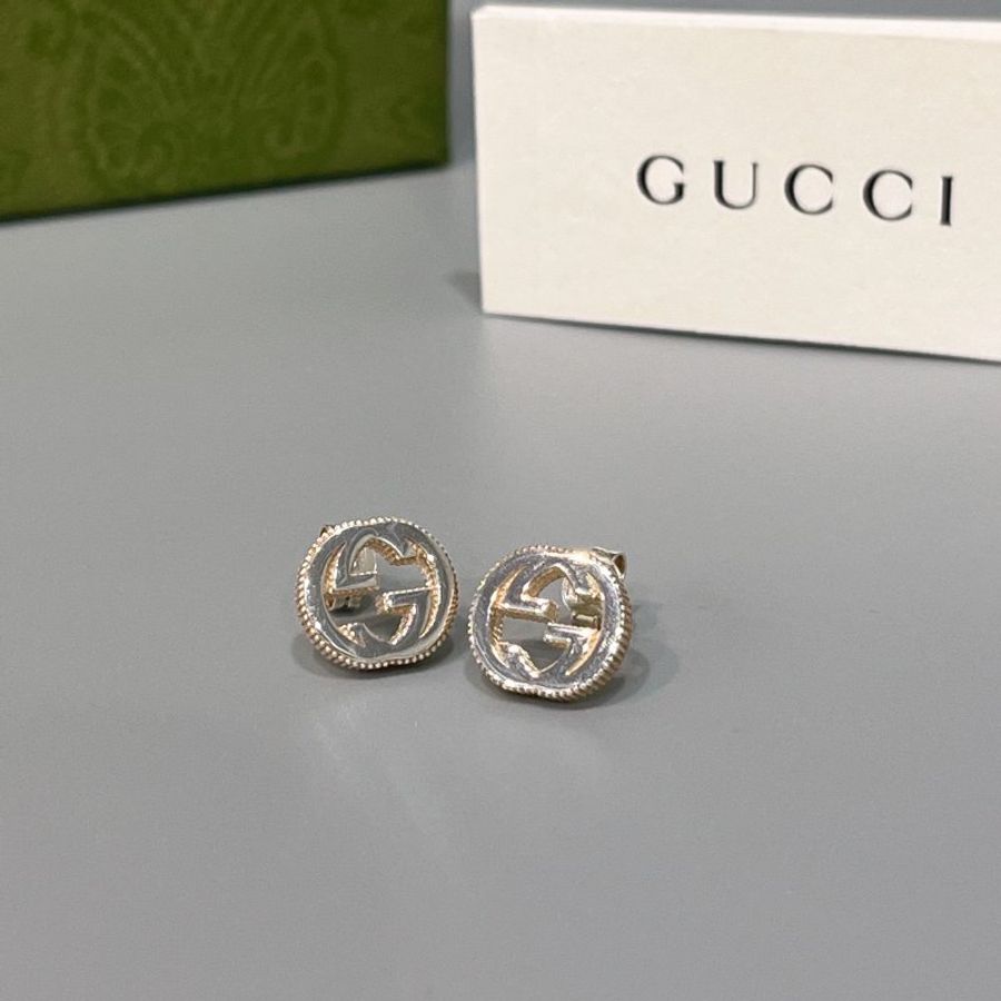 GUCCI 925純銀 經典LOGO滾珠邊 雙G造型耳針/耳環/飾品-1
