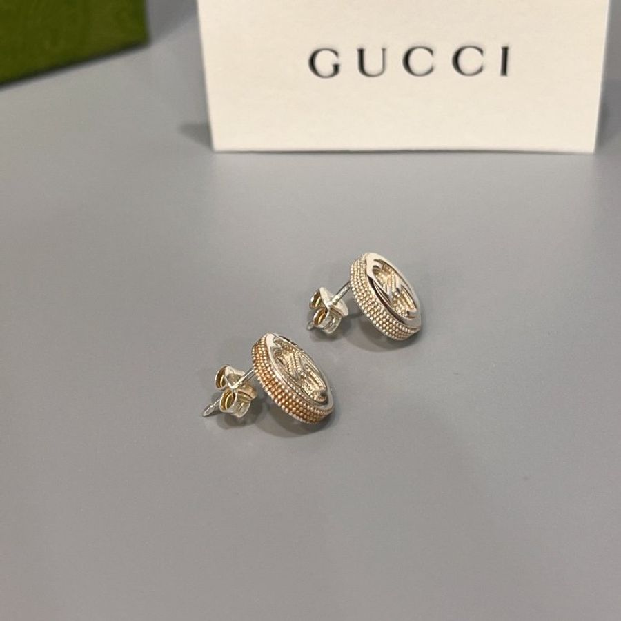 GUCCI 925純銀 經典LOGO滾珠邊 雙G造型耳針/耳環/飾品-2