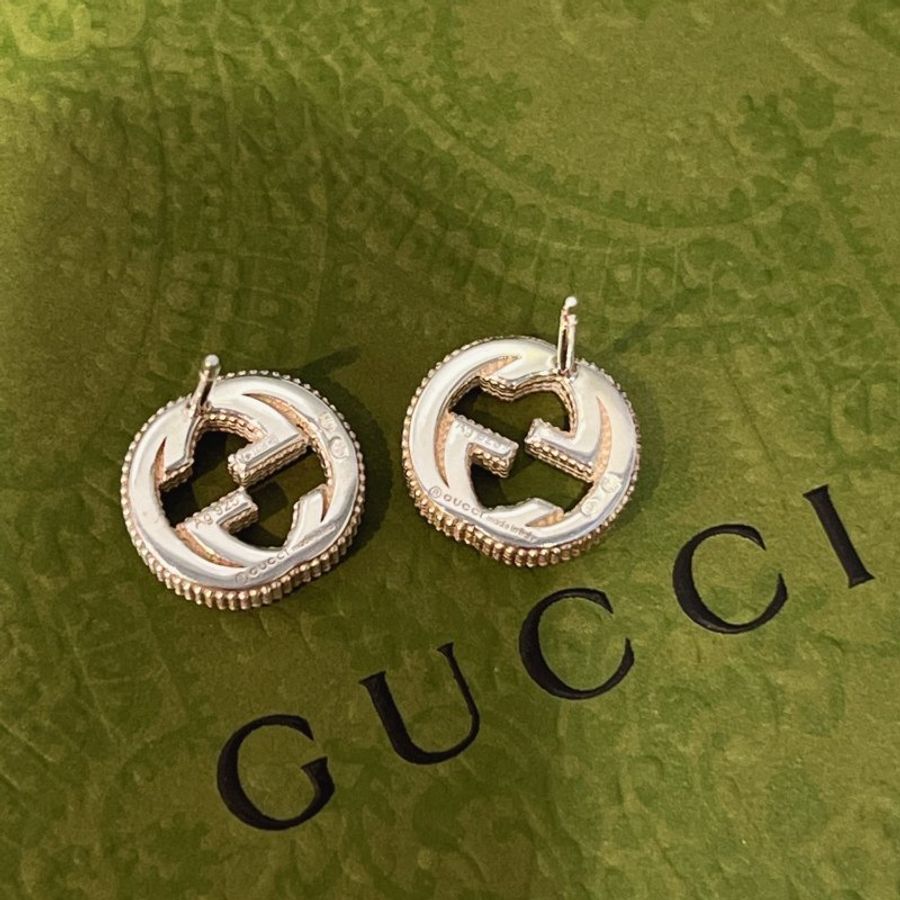 GUCCI 925純銀 經典LOGO滾珠邊 雙G造型耳針/耳環/飾品-4