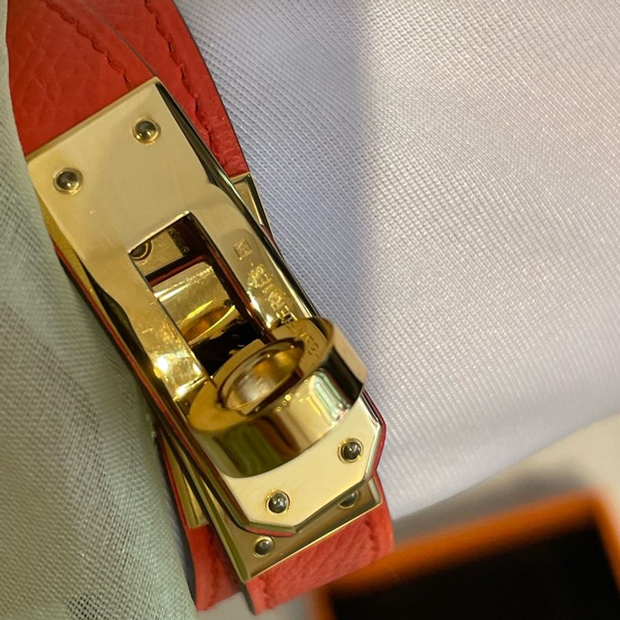 * 真品 HERMES橘紅色.金KELLY皮質手環~ 近全新~XS號-3