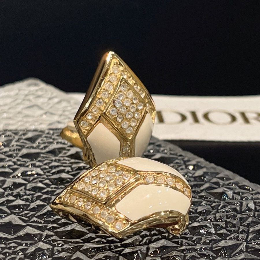 Christian Dior 金色V型琺瑯水鑽粗項鍊+耳夾組/耳環-1