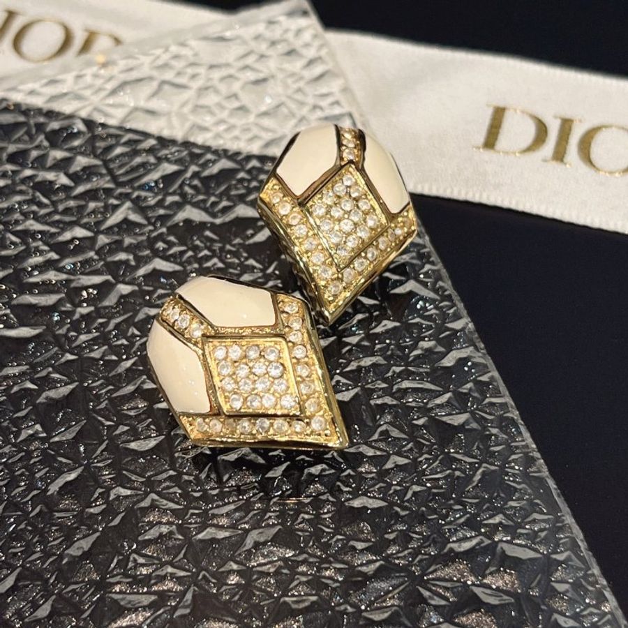 Christian Dior 金色V型琺瑯水鑽粗項鍊+耳夾組/耳環-3