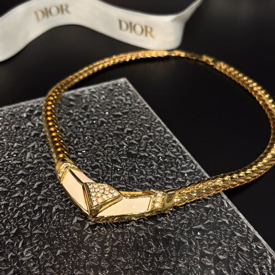Christian Dior 金色V型琺瑯水鑽粗項鍊+耳夾組/耳環-6