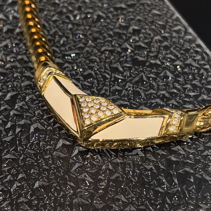 Christian Dior 金色V型琺瑯水鑽粗項鍊+耳夾組/耳環-7