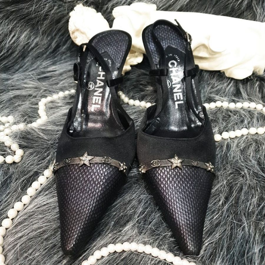 CHANEL 黑色 緞面 布拼星星 高跟鞋/鞋子39.5號-1