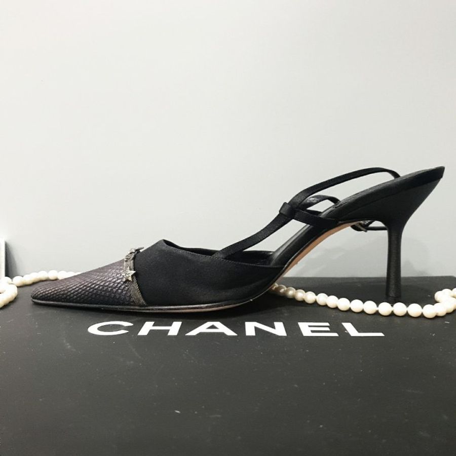 CHANEL 黑色 緞面 布拼星星 高跟鞋/鞋子39.5號-3