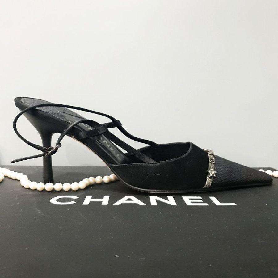 CHANEL 黑色 緞面 布拼星星 高跟鞋/鞋子39.5號-4