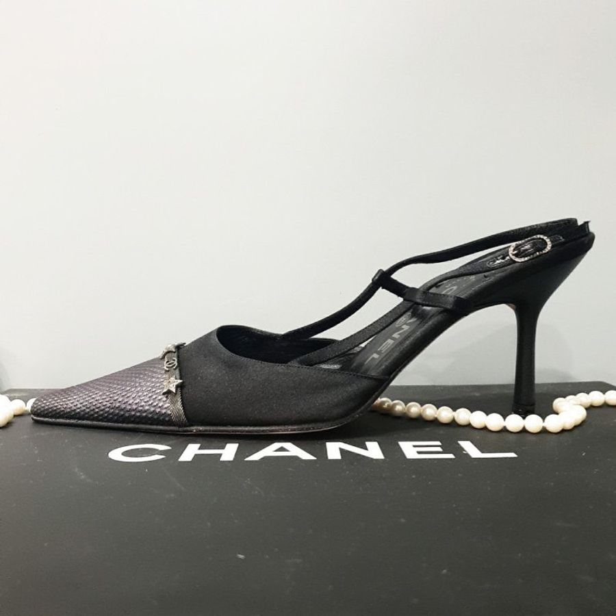 CHANEL 黑色 緞面 布拼星星 高跟鞋/鞋子39.5號-5