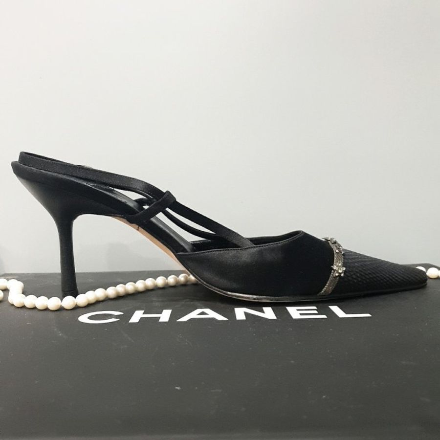 CHANEL 黑色 緞面 布拼星星 高跟鞋/鞋子39.5號-6