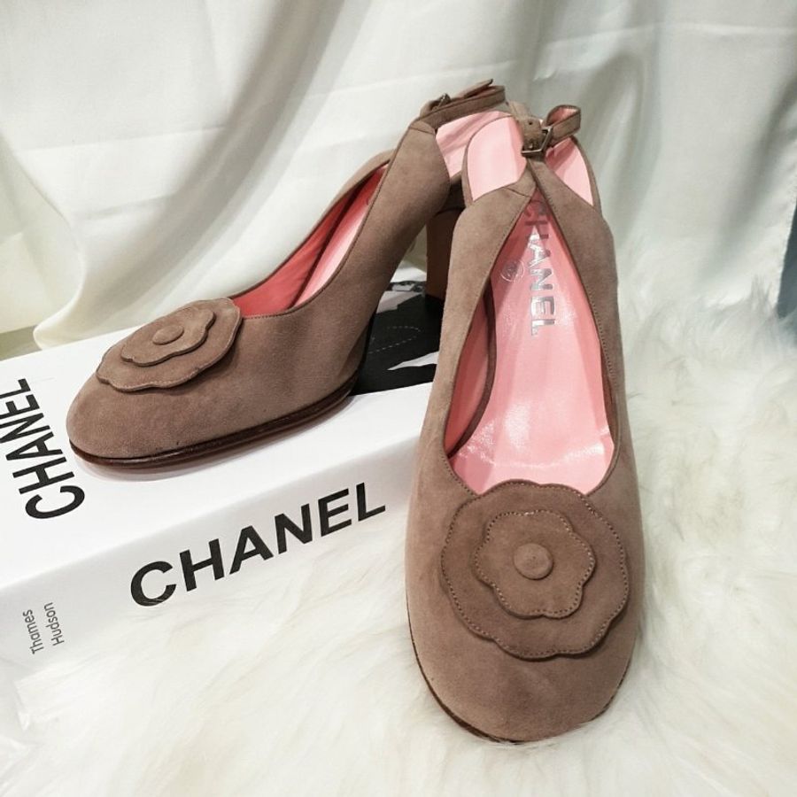 CHANEL 香奈兒 粉藕色 麂皮 山茶花高跟鞋/鞋子39號-0