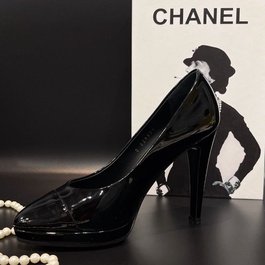 CHANEL 香奈兒 黑色 亮面 高跟鞋/鞋子 36號-5