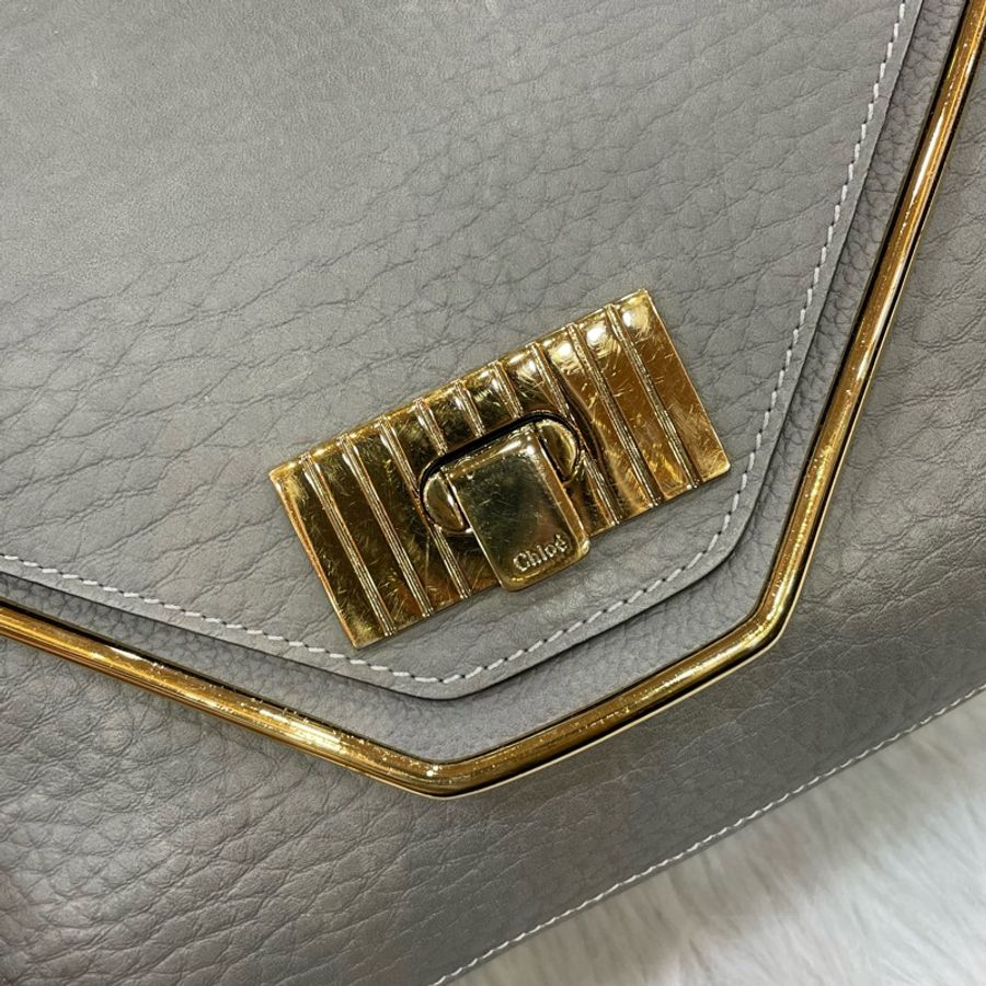 出清特價🌟 Chloe灰牛皮金色金屬雙蓋信封式肩背包Sally-10
