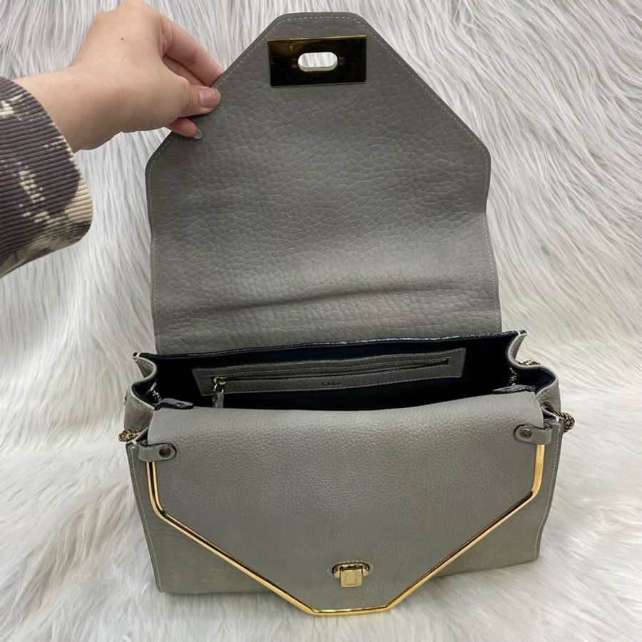 出清特價🌟 Chloe灰牛皮金色金屬雙蓋信封式肩背包Sally-13