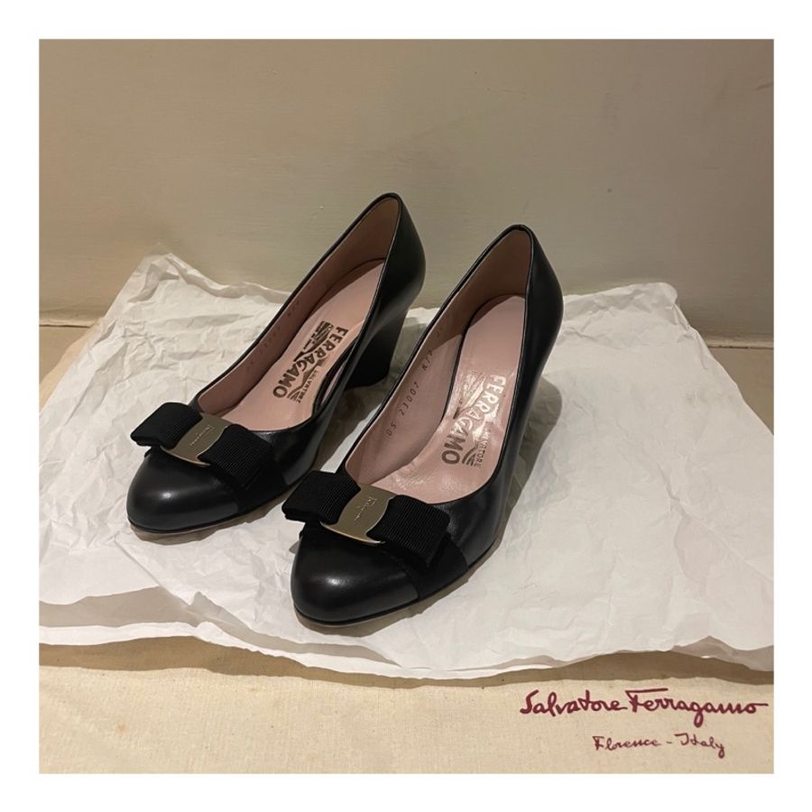 SALVATORE FERRAGAMO FLO 黑色楔型高跟鞋 楔型鞋 坡型鞋 女鞋 4.5D-0