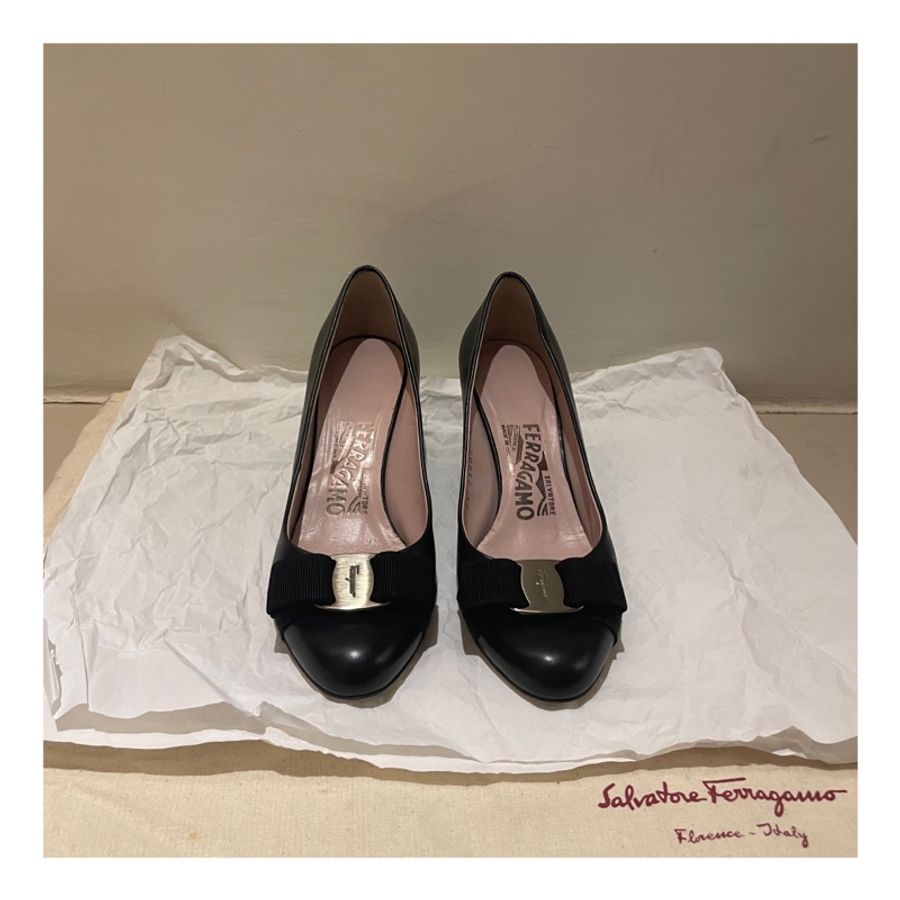 SALVATORE FERRAGAMO FLO 黑色楔型高跟鞋 楔型鞋 坡型鞋 女鞋 4.5D-1