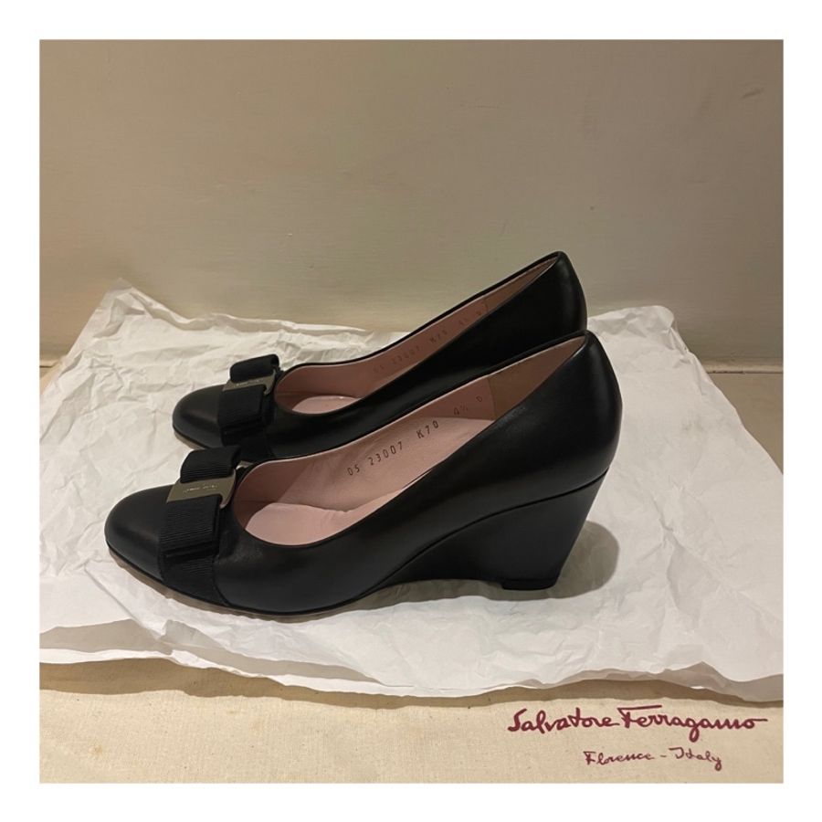 SALVATORE FERRAGAMO FLO 黑色楔型高跟鞋 楔型鞋 坡型鞋 女鞋 4.5D-2