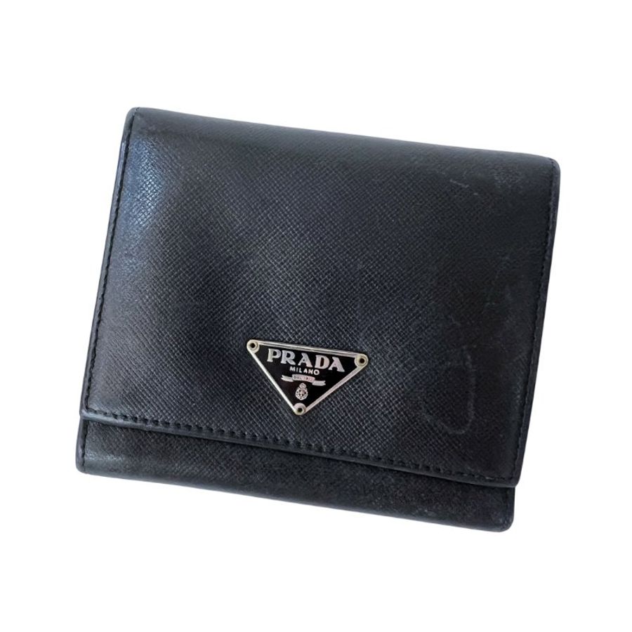 【自用自賣】PRADA / Saffiano 真皮三折短夾 / 黑色 / 7成新-0