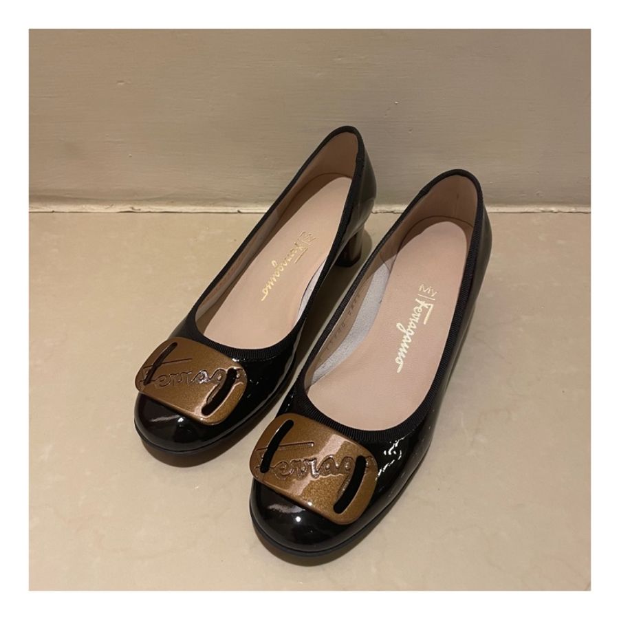 SALVATORE FERRAGAMO MY CHARME40 黑色粗跟鞋 低跟鞋 高跟鞋 女鞋 4C-0