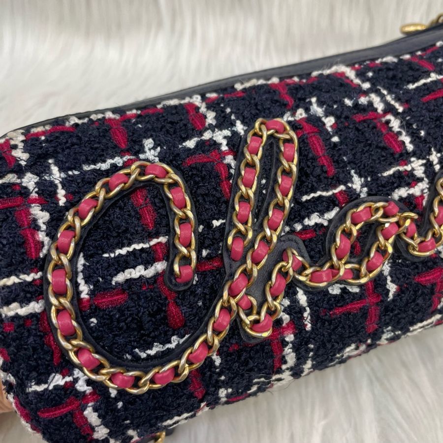Chanel 皮穿鏈logo海軍藍x桃粉x白花呢圓筒斜背包-9