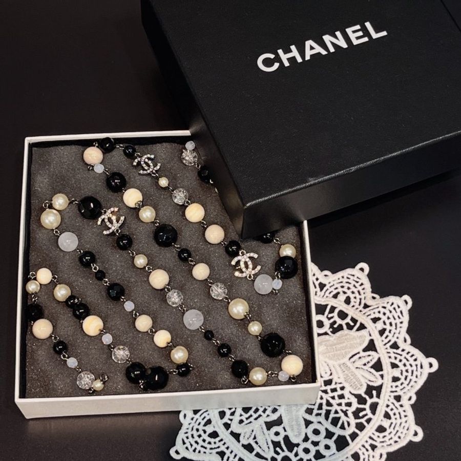 CHANEL 香奈兒 黑白珍珠拼水鑽雙C 長短項鍊/飾品-0