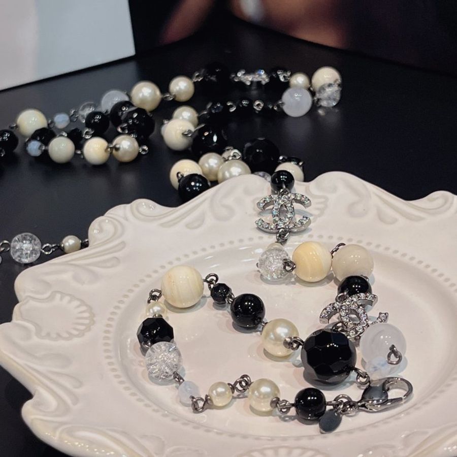 CHANEL 香奈兒 黑白珍珠拼水鑽雙C 長短項鍊/飾品-2