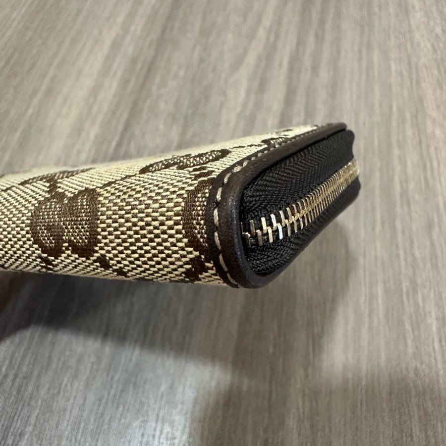 Gucci 老花帆布拼咖啡皮革拉鏈零錢卡包-6