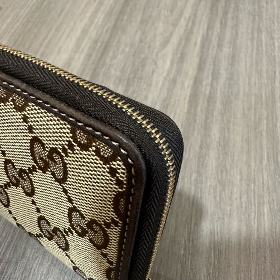 Gucci 老花帆布拼咖啡皮革拉鏈零錢卡包-8